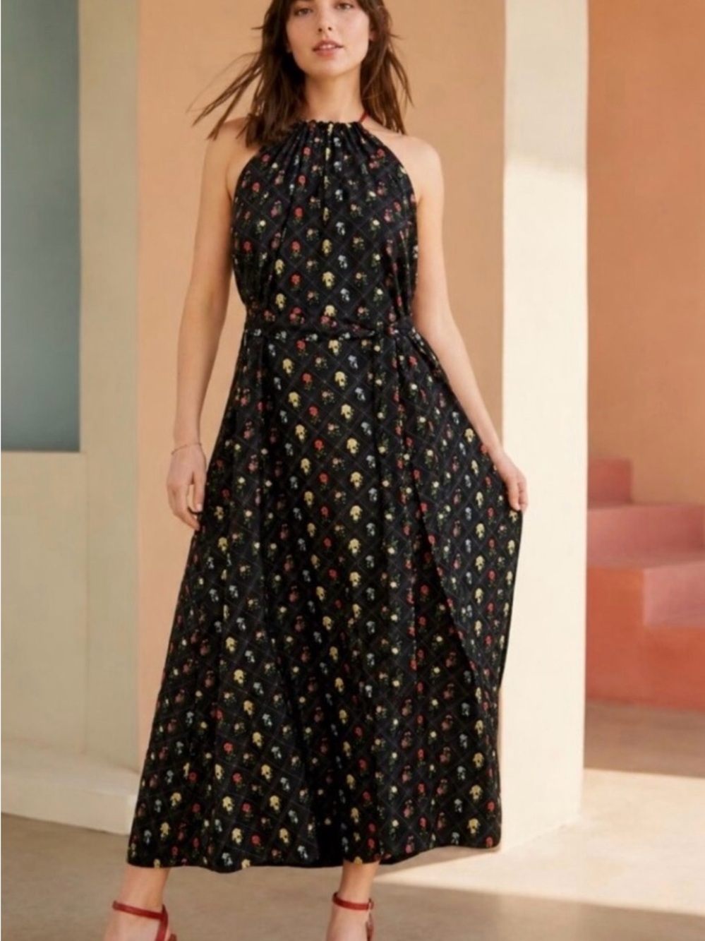 Rachel Antonoff Rainey Silk Blend Rose Grid Halter Dress